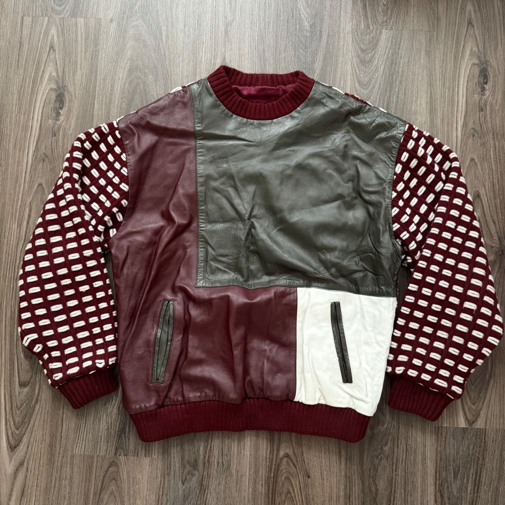 Italiano Vintage Mens XL Leather Colorblock Knit Hybrid Sweater Burgundy White - Picture 3 of 7